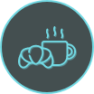 Icon of croissant and coffee on gray background.